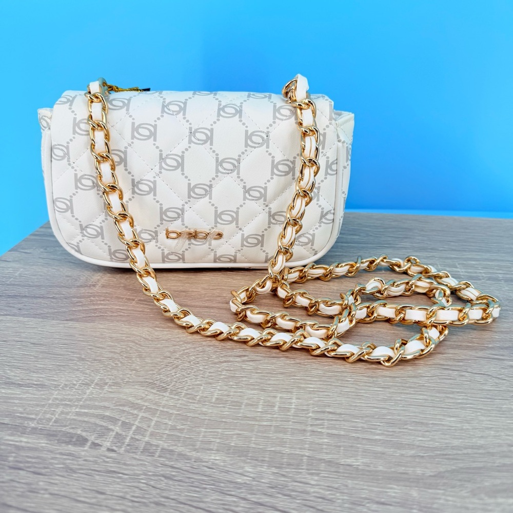 Bebe LIV Monogram Crossbody Small Logo Bag Quilted White Grey Gold Chain NWT Y2K - Picture 12 of 12